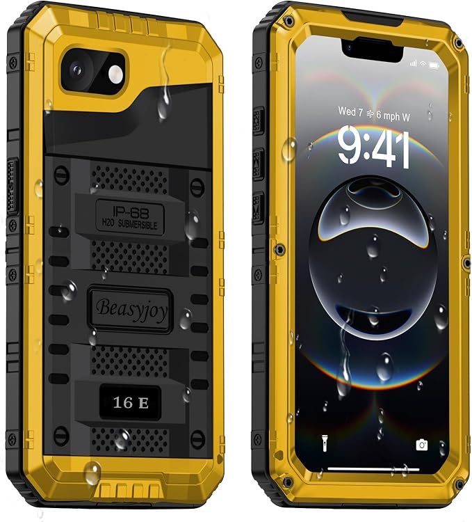 Beasyjoy for iPhone 16e Case/iPhone 17e Case Waterproof, Metal Heavy Duty Full Body Protective Case with Built-in Screen Protector, Military Grade Shockproof Cover for iPhone 16e/17e 6.1", Yellow
