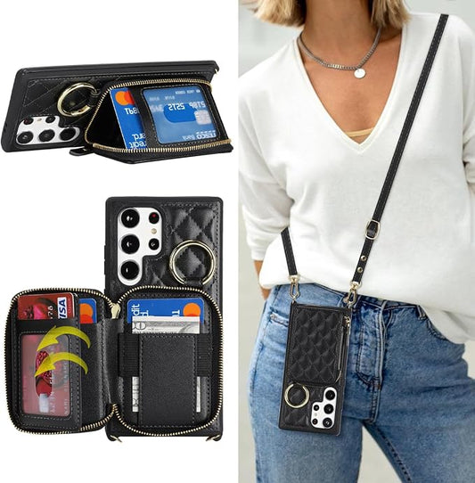 Crossbody Wallet Case for Galaxy S24 Ultra, PU Leather Zipper Handbag Purse Flip Cover, Kickstand Folio Case with Card Slots Holder Wrist Strap Lanyard -Black