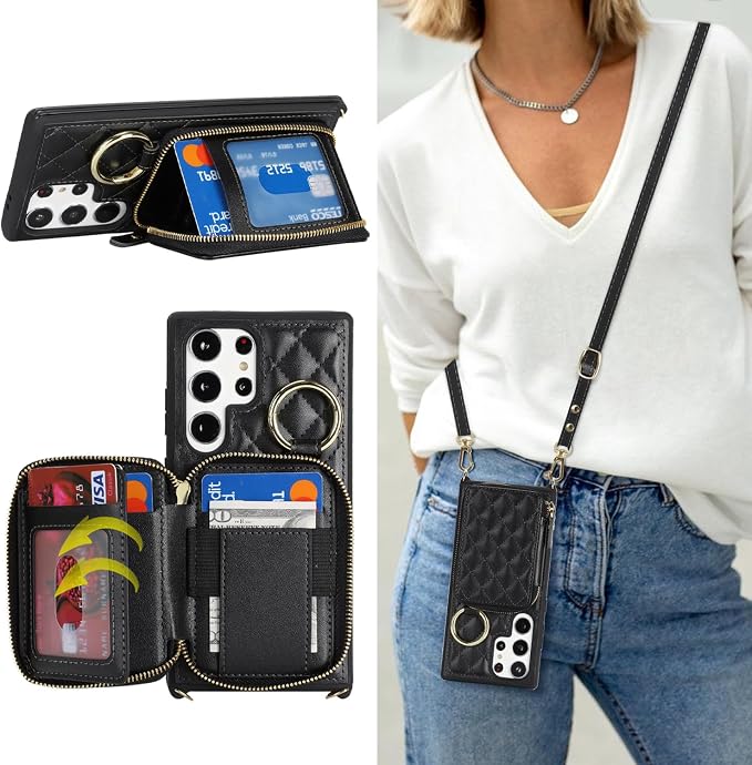 Crossbody Wallet Case for Galaxy S23 Ultra, PU Leather Zipper Handbag Purse Flip Cover, Kickstand Folio Case with Card Slots Holder Wrist Strap Lanyard -Black