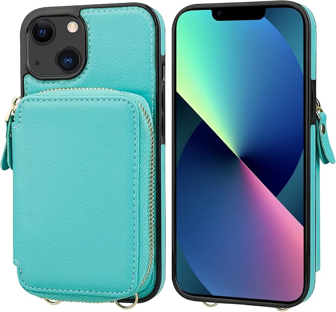 Bocasal RFID Blocking Wallet Case for iPhone 14 iPhone 13, Adjustable Crossbody Zipper Purse Case Card Holder with Kickstand Detachable Wrist Strap, PU Leather Flip Folio Case 6.1 Inch 5G (Mint Green)