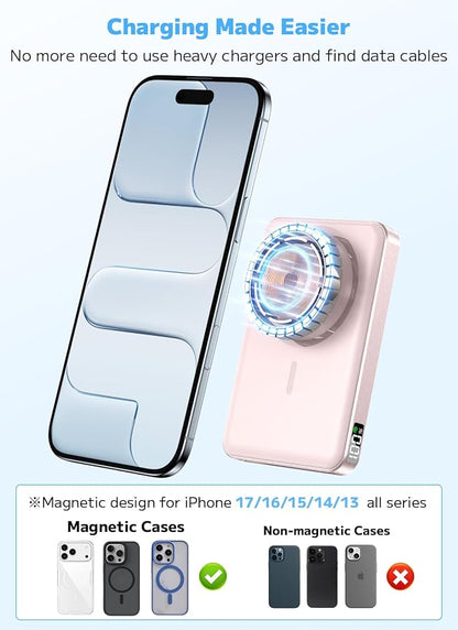 golioklsy for Magsafe Portable Charger,10000mAh Power Bank with Type-C 20W PD Fast Charging, Lightweight and Slim, LED Display for Magsafe Battery Pack for iPhone 17/16/15/14 All Series, Pink