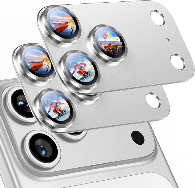 Uyiton Compatible with iPhone 17 Pro Max Camera Lens Protector - [Not Easy to Break][Strong Adsorption][Case-Friendly] Metal Tempered Glass Rear Camera Screen Cover - Silver, 2 Packs