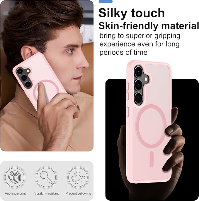 For Samsung Galaxy S24 Case & Galaxy S25 Case [Compatible with Magsafe] Translucent Matte Magnetic Phone Case,Slim Thin Duty Shockproof Protection Cover with 2pc HD Screen Protector for S24/S25-Pink