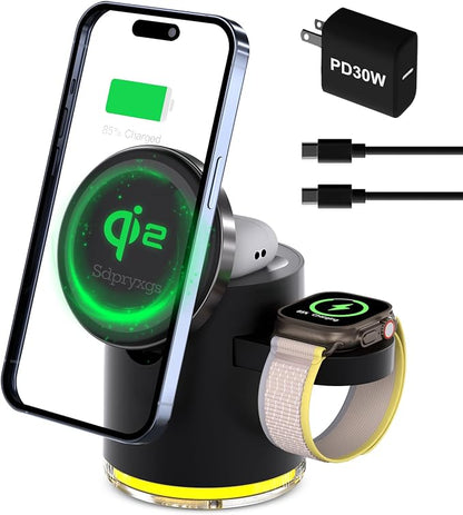 New Generation Qi2 Certified 3 in 1 Magnetic Wireless Charging Station, Compact Fast Charging Station,for Apple iPhone12-17,iWatches,AirPods,Samsung Phones and Watches(30W Adapter Included) (Black)