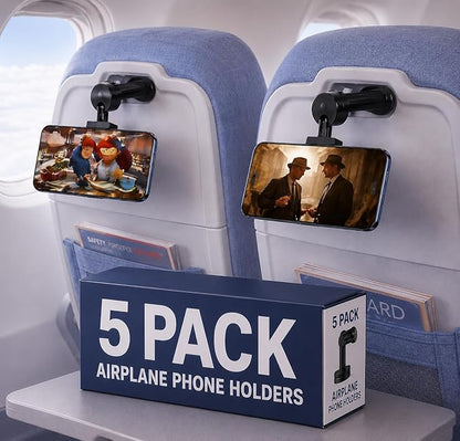 5 PACK Airplane Phone Holder Travel Essentials Accessories – Universal Hands Free Cell Phone Stand Mount for Air Plane Table Seat Desk, Cruise, Car & Flight – Mini Size for Vacation, iPhone, Samsung