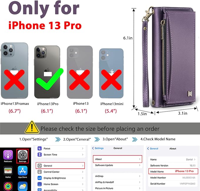 Wallet Case for iPhone 13 Pro with Card Holder/Crossbody Wallet/Strap| RFID Blocking | Magnetic | Kickstand | Detachable | PU Leather Phone Case for iPhone 13 Pro,6.1 in,Purple