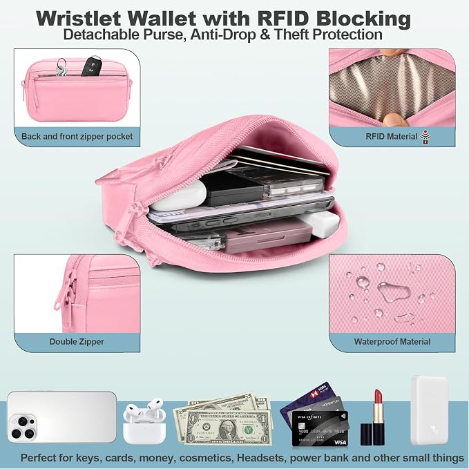YFWE Clip and Go Strap for Phone with Wallet Crossbody, Adjustable Phone Lanyard with Detachable RFID Wristlet Wallet, Pattern Strap - Pink(L)