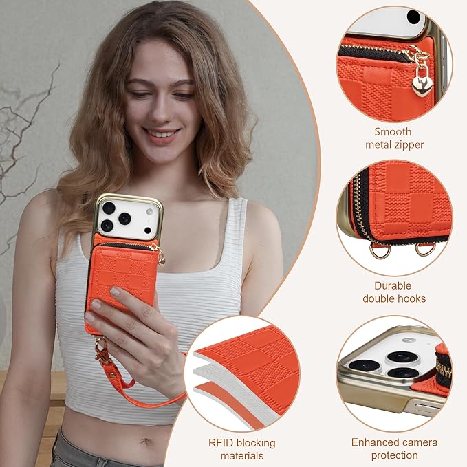Keallce for iPhone 17 Pro 6.3'' Wallet Case, Crossbody Zipper Purse with 4 Card Slots RFID Blocking, Lanyards & Wrist Straps, Flip Leather Folio Cover with Kickstand for iPhone 17 Pro, Orange