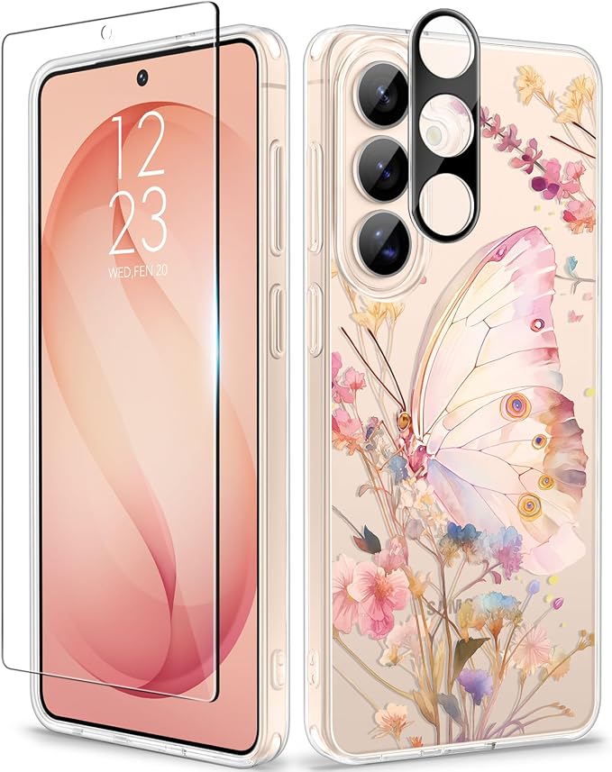 GVIEWIN for Samsung Galaxy S26 Plus Case, Clear Floral Slim Shockproof Protective Women Phone Case, Non-Yellowing, with Screen Protector&Camera Lens Protector for S26 Plus 6.7", Magic Butterfly