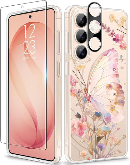 GVIEWIN for Samsung Galaxy S26 Plus Case, Clear Floral Slim Shockproof Protective Women Phone Case, Non-Yellowing, with Screen Protector&Camera Lens Protector for S26 Plus 6.7", Magic Butterfly