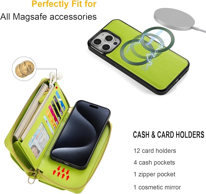 Crossbody Wallet Case for iPhone 16 Pro Max, Magnetic Detachable Floral PU Leather Phone Case with RFID Blocking Card Holder Wristlet Mirror Flip Zipper Shoulder Purse for Wome - Green