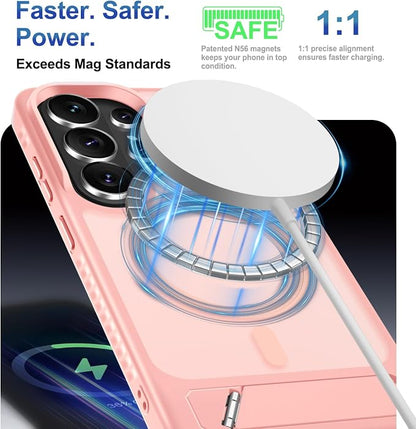 RMOCR for Samsung Galaxy S26 Ultra Case with Screen Protector+Lanyard Wrist Strap,Magnetic Translucent Matte Rugged Slim Phone Cover Built in Invisible Kickstand [Fit for MagSafe],2026 Cute Pink