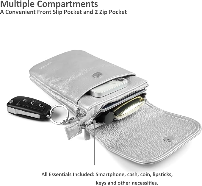 befen Genuine Leather Small Crossbody Bags for Women Cell Phone Bag Cross Body Purses,Silver Zipper