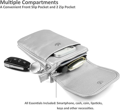 befen Genuine Leather Small Crossbody Bags for Women Cell Phone Bag Cross Body Purses,Silver Zipper