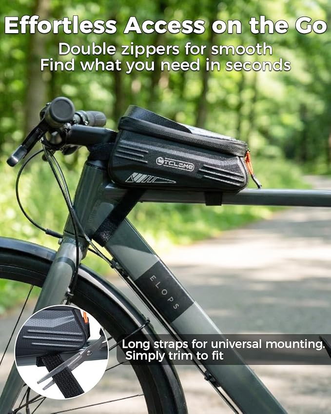 Bike Phone Front Frame Bag, Water-Resistant Bicycle Top Tube Bag, Sensitive Touch Screen Bike Phone Mount Holder for Road Mountain E-bike, Cycling Pouch, Bike Accessories for Phones