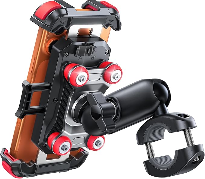JOYROOM Motorcycle Phone Mount Holder - [Dual Vibration Dampener] [Metal Adjustment Arm] Motorcycle Cell Phone Holder Mount, Bike Bicycle Handlebar Phone Mount for All 4.7''-7'' Cell Phones, Red