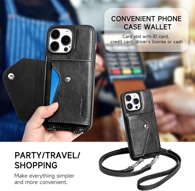 LUCKYCOIN for iPhone 14 Pro Max Crossbody Wallet Case – Genuine Leather Phone Purse with Adjustable Strap and Card Holder,Lanyard Phone Purse Case for Women,Vintage Black