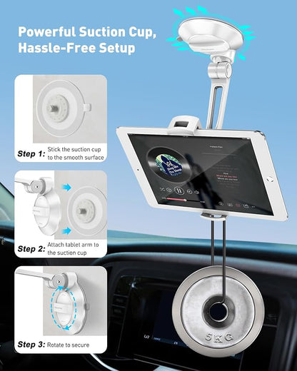 AboveTEK iPad Suction Mount, Phone Tablet Stand Holder with Suction Cup Fits 4"-11" Tablet/Phone/iPad mini/Air, Sticky iPads Mount on Window Bathroom Mirror, for Car Truck Windshield Boat (White)