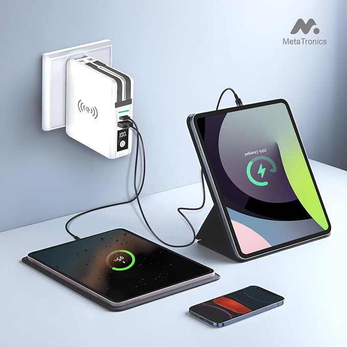 5-in-1 Travel Power Bank with Wall Plug — 10000mAh MagSafe Wireless Portable Charger with Built-in USB-C & Lightning Cables + Universal International Travel Adapter (US/Asia/Europe/Asia) | 5-in-1 Charger with USB-C, Global Travel Adapter, Built-In Char...