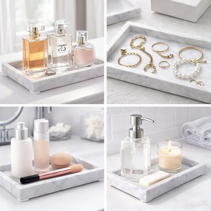 Natural White Marble Tray for Bathroom | Kitchen | Vanity | Desktop, Stone Organizer for Coffee Table, Dresser, Nightstand, Candles, Soap, Towel, Plant, Jewelry (12" x 8"), Rectangular