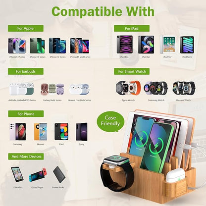 Pezin & Hulin Bamboo Charging Station Organizer for Multiple Devices, Desktop Docking Stations Holder for Cell Phone, Tablet, SmartWatch & Earbuds Stand (Included 5 Cables) (No USB Charger)