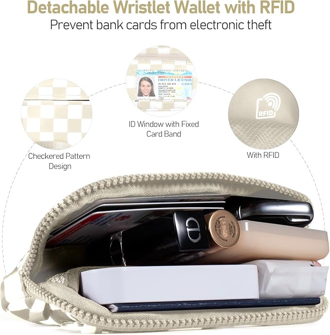 Clip and Go Strap for Phone with Wallet Crossbody Phone Lanyard and Detachable Checkered Bag with ID Window and RFID Pouch for Daily Travel.