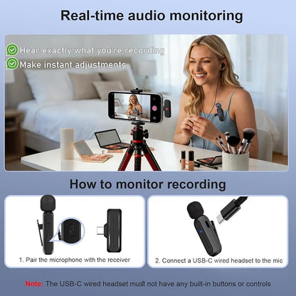 2-Pack Wireless Mini Lavalier Lapel Microphone for iPhone,Android Phone w/ Charging Case - 65ft Cordless Clip on Dual Mics with Noise Reduction 6H Working Time for Video Recording Vlogging,YouTube