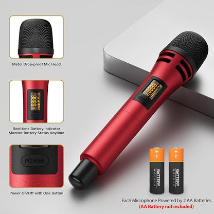 TONOR Wireless Microphones System with 4x10 Channels Cordless Handheld Microfono Inalambrico, UHF Mics with Stable Signal Transmission for Karaoke Singing Party Church Wedding 60 m/200ft Red