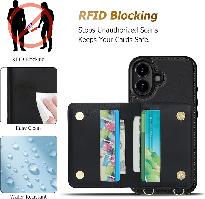 LOHASIC for iPhone 17 Case Wallet with Detachable Crossbody Strap & Wrist Lanyard, RFID Blocking, 4 Card Slots 2 Cash Pockets, Leather Case with Card Holder for Women Girls, Black