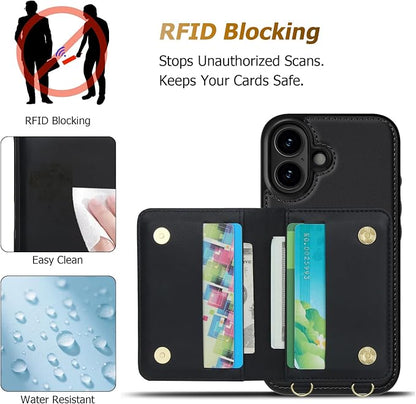 LOHASIC for iPhone 17 Case Wallet with Detachable Crossbody Strap & Wrist Lanyard, RFID Blocking, 4 Card Slots 2 Cash Pockets, Leather Case with Card Holder for Women Girls, Black