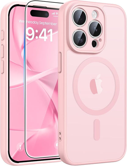 FNTCASE for iPhone 15 Pro Max Case: [Compatible with Magsafe] Translucent Matte Cases with [Full Camera Protection] [Screen Protector] Military Grade Shockproof Protective Phone Cover - Light Pink