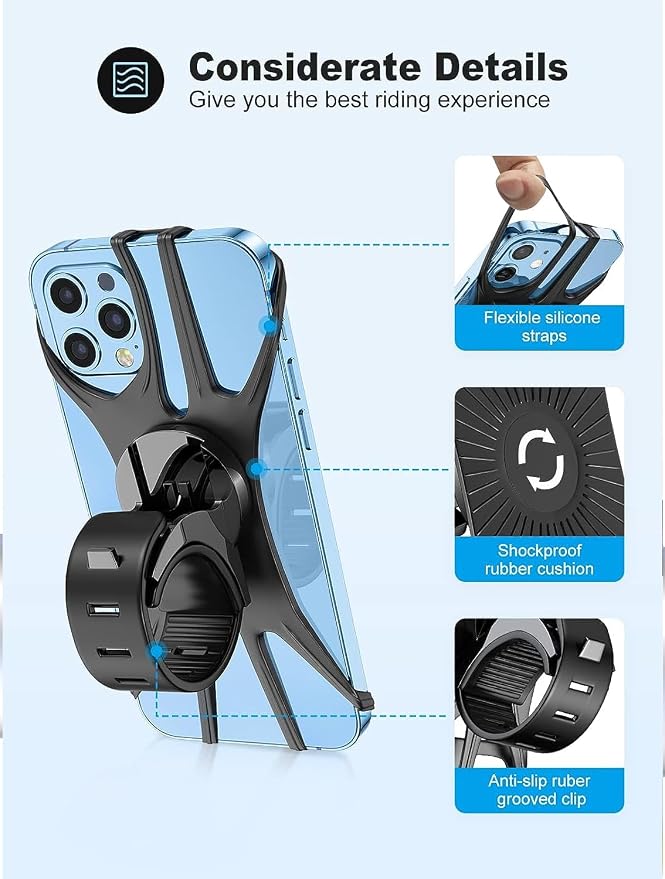 Bike Phone Mount, Universal Bike Phone Holder, 360° Rotatable, Silicone Bicycle Phone Mount Handlebar for iPhones, Galaxy, Xiaomi, Honor, Realme, Huaweii, Pixel, Oneplus and Other 4.5-7.0 Mobile