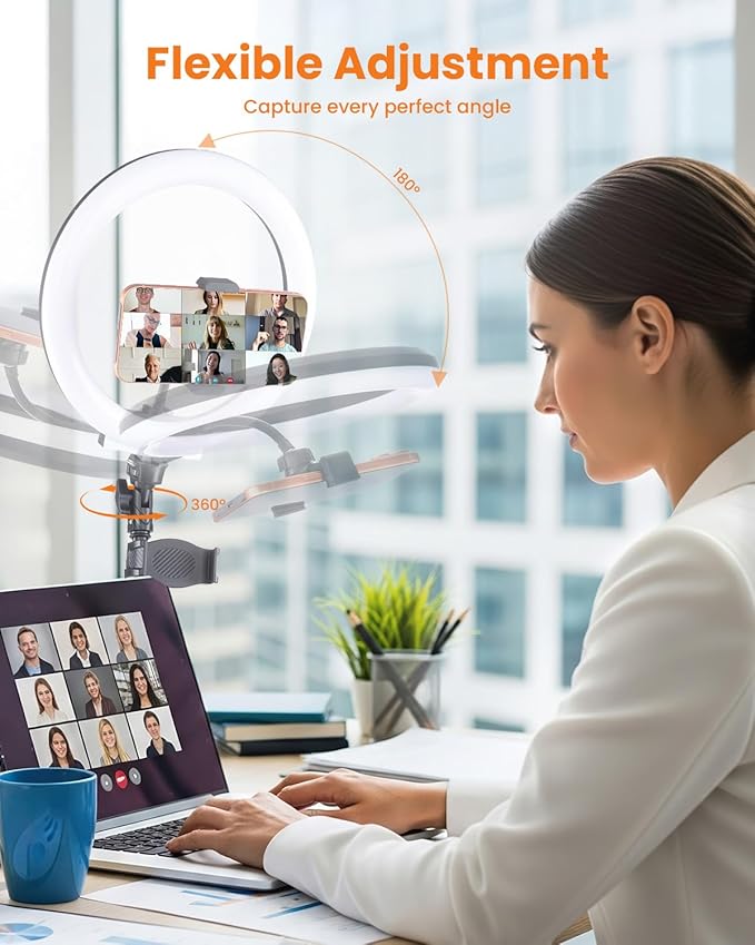 10" Desk Ring Light with 66'' Tripod Stands & Phone Holder, LED Circle Ring Lights Compatible with All Phones, 3 Color & 10 Brightness Level, for Live Stream, Makeup, Selfie, YouTube, TikTok