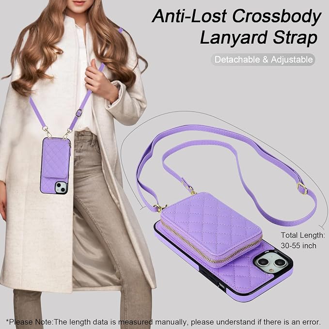 Bocasal Crossbody Wallet Case for iPhone 14 Plus, RFID Blocking PU Leather Zipper Handbag Purse Flip Cover, Kickstand Folio Case with Card Slots Holder Wrist Strap Lanyard 5G 6.7 Inch (Purple)