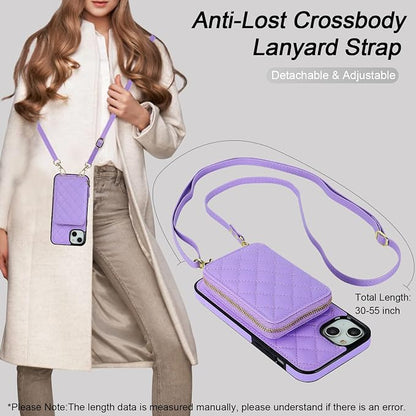 Bocasal Crossbody Wallet Case for iPhone 14 Plus, RFID Blocking PU Leather Zipper Handbag Purse Flip Cover, Kickstand Folio Case with Card Slots Holder Wrist Strap Lanyard 5G 6.7 Inch (Purple)