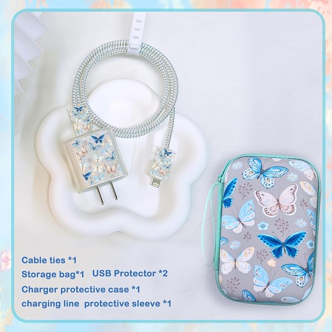 CamCosy Phone Charger Case Storage Set with Cute Butterfly Cable Protector with Carrying Cable Case Bag, Cord Organizer, USB Earphone Wire Saver Organizer Charger Protector for iPhone (Grey Blue)