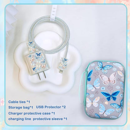 CamCosy Phone Charger Case Storage Set with Cute Butterfly Cable Protector with Carrying Cable Case Bag, Cord Organizer, USB Earphone Wire Saver Organizer Charger Protector for iPhone (Grey Blue)