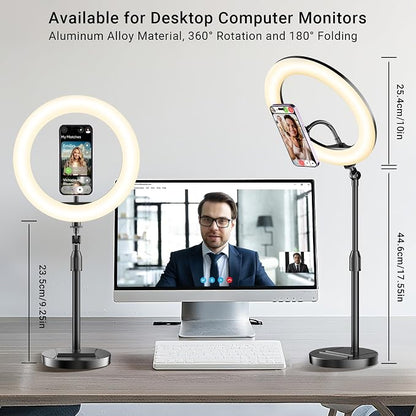 Desk Ring Light with Magnetic Phone Holder, 10'' Video Conference Podcast Lighting Kit for Laptop Computer Monitor Zoom Call Streaming, 3 Color LED Halo Light with Adjustable Stand for Home Office