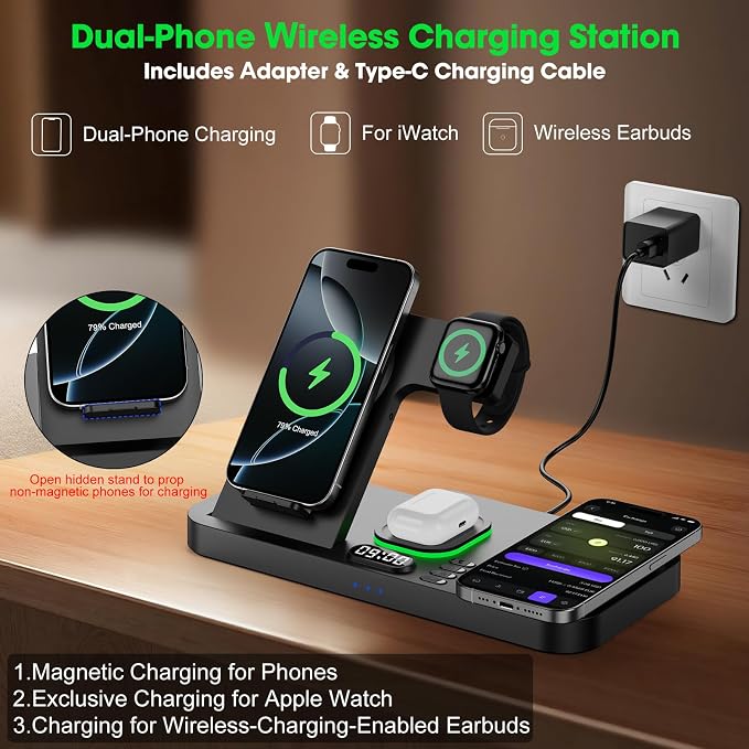 Dual Phone Wireless Charging Station for Apple Devices, Magnetic Charging Station for iPhone with Auto Switch 7-Color Light&Clock, Family Watch Charger for iPhone17 for iWatch11 for AirPods Pro3(Black