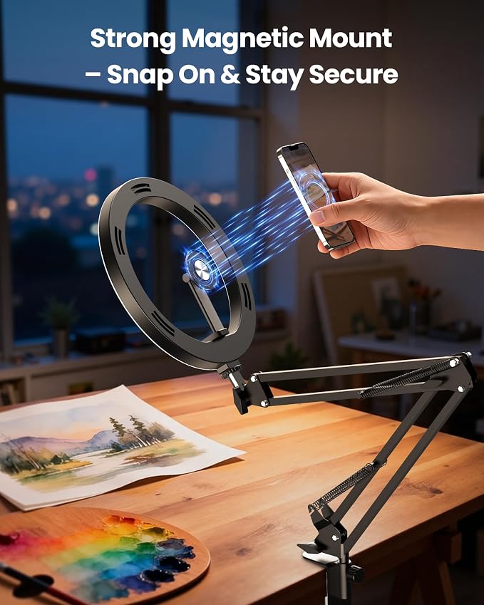 Magnetic Ring Light Overhead Camera Phone Mount for Desk, 10” Selfie Light for iPhone with MagSafe-Compatible Phone Holder for Video Recording, Zoom Meeting, Live Streaming