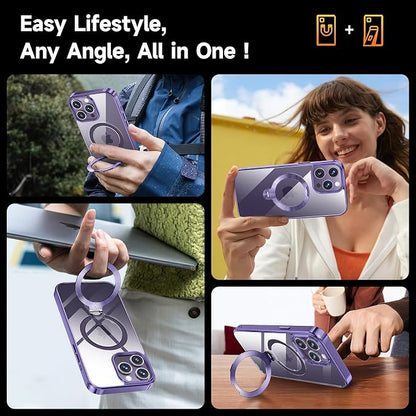 [Tri-Shield Protection] for iPhone 14 Pro Max Case with 360° Spin Stand Compatible with MagSafe [Magnetic CD Ring][Screen & Camera Lens Protector]Shockproof Plating Never-Yellowing, Purple-6.7"