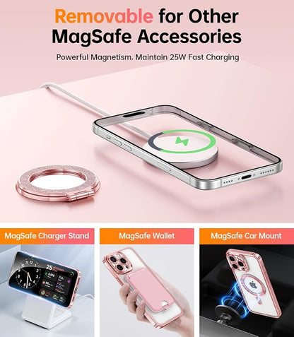 Meifigno Magnetic Case with Removable Phone Ring Stand for iPhone 16 Pro Max 6.9’’, [Glitter Card & Wrist Strap] [MagSafe Compatible] [Built in Mirror] Phone Ring Stand + Phone Case Kit, Rose Gold | 6.9'', Glitter Card, Wrist Strap, MagSafe Compatible,...