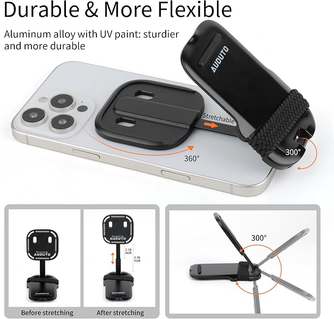 Magnetic Phone Tripod Stand, Portable Mini Selfie Stick for iPhone 17/16/15/14/13/12 & MagSafe, Aluminum Angle-adjustable Foldable Strong Magnet Phone Holder, Travel Essentials, Included Metal Ring