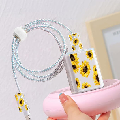 Cute Phone Charger Protector Set with Storage bag Case Yellow Sunflowers Travel Carrying Bag Data Cable 20W USB Charger Data Line Cable Protector Cord Organizer, Lightning Cable Chomper,Charger Saver