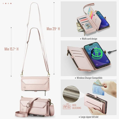 Strapurs Wallet Case Compatible with iPhone 16 Pro Max 6.9" RFID Blocking 10-Card Holder Soft PU Leather Magnetic Snap Shoulder Strap Zipper Pocket Phone Case Fit for iPhone 16 Pro Max - Rose Gold | 6.9", RFID Blocking, 10-Card Holder, Soft PU Leather,...