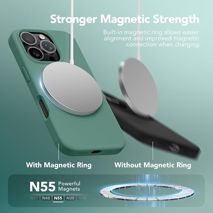 GONEZ Magnetic for iPhone 16 Pro Case, Compatible with MagSafe, [Screen Protector + Camera Lens Protector], Silicone Shockproof Anti-Scratch Protective Phone Case 6.3 inch, Midnight Green