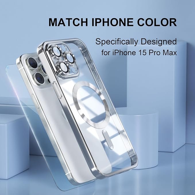 Misea Magnetic for iPhone 15 Pro Max Case with MagSafe [Never Yellowing] [Military Grade Drop Protection] Full Camera Lens Protector Plating Soft Clear Phone Case for Women Girls, Silver