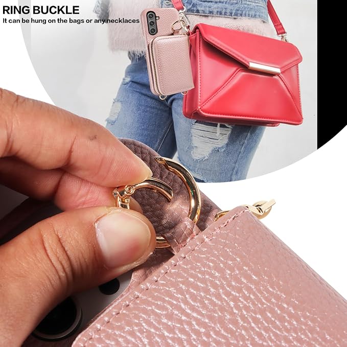 Wallet Case for Samsung Galaxy A54 5G & Shoulder Strap Ring Buckle, Luxury PU Leather Zipper Flip Organ Purse Card Holder Stand Full Body Phone Cover for A545G A 54 54A 4G G5 SM A546U Rose Gold
