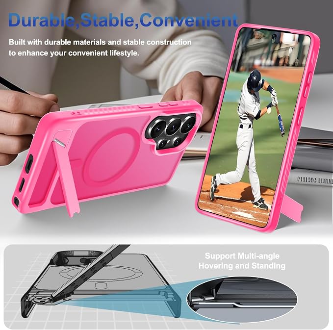 RMOCR for Samsung Galaxy S26 Ultra Case with Screen Protector+Lanyard Wrist Strap,Magnetic Translucent Matte Rugged Slim Phone Cover Built in Invisible Kickstand [Fit for MagSafe],2026 Hot Pink