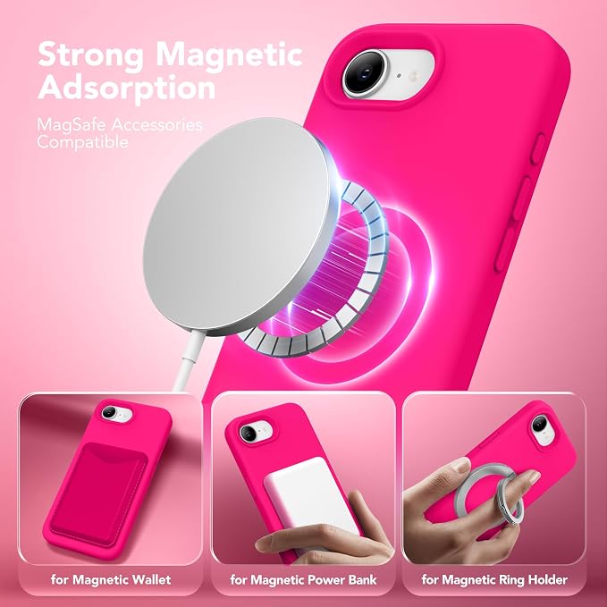 Magnetic for iPhone 17e/iPhone 16e Case, Compatible with MagSafe, [Soft Anti-Scratch Microfiber Lining] Slim Silicone Shockproof Protective Phone Case for iPhone 17e/16e 6.1", Hot Pink
